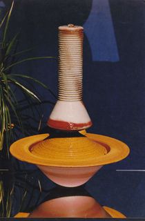 Hochwertiger Keramikbrunnen Unikat mit Effektglasuren und lebendigem Wasser